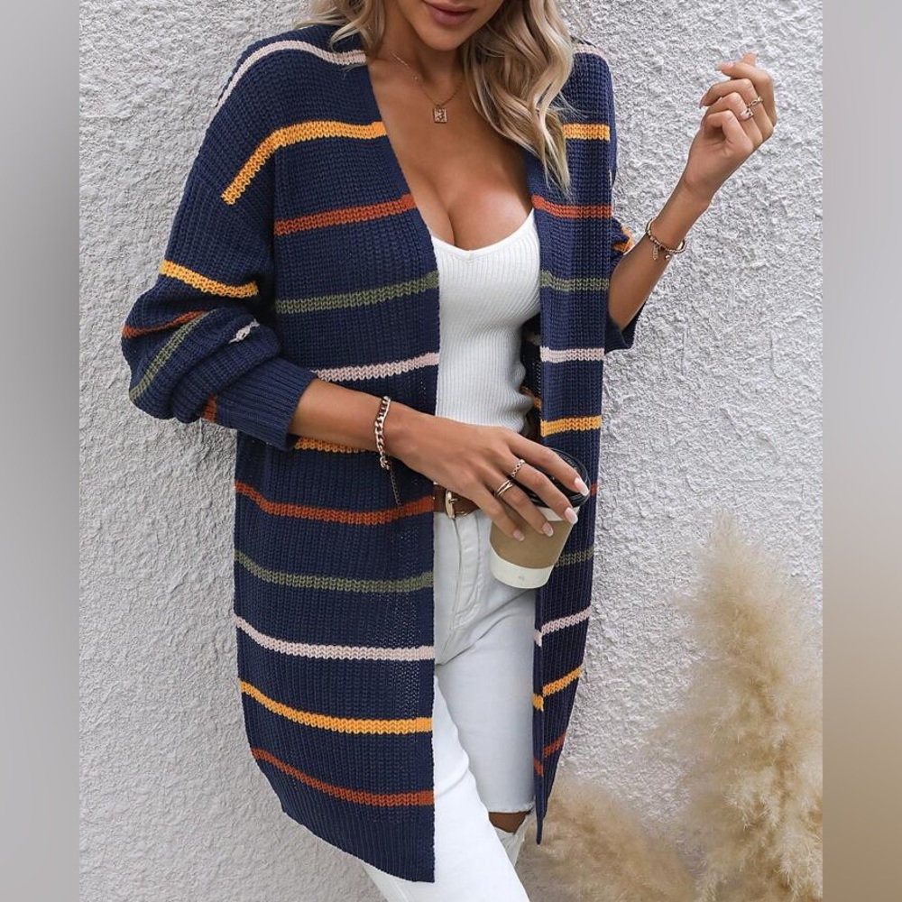 Unity Striped Pattern Drop Shoulder Duster Cardigan Sweater